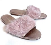 Loeffler Randall 7.5 Domino Shearling Sheep Fur Flat Slides Pink / Rose Gold