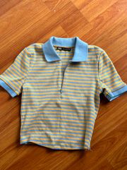 Blue And Yellow Striped Crop Polo