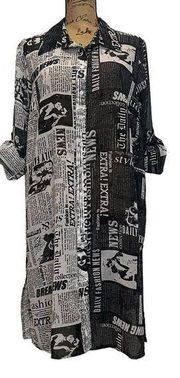 Women's Newspaper Print Tunic Blouse Roll Tab Sleeve Size 1X