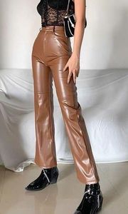  Brown Caramel Faux Leather Straight Leg Pants Trousers 