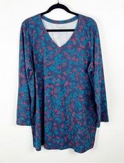 WOMAN WITHIN 100% Cotton Blue Floral V -Neck Long Sleeves Top, Size 1X