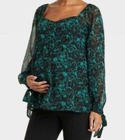 Long Sleeve Corsetry Woven Maternity Shirt- Aqua Green Floral