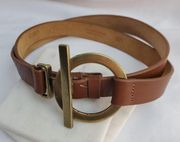 Talbots Brown Leather Brass Belt Lock and Key style buckle Size M/L