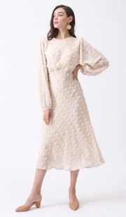 Candy Polka dot textured puffy long sleeve balloon poplin Fit Flare overlay sheer Beige Cream