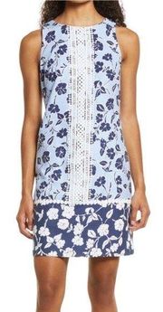 NWT Eliza J Lace Trim Floral Blue & White Coastal Shift Mini Dress Size 4 NEW XS