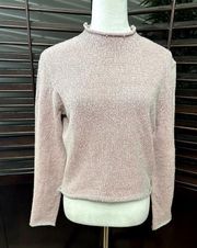 Cotton Emporium Women's Pink/Gray Striped Rolled Mock Neck Crop Sweater M NWOT