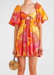 Summer Garden Ombré Puff-Sleeve Tie-Back Mini Dress Women’s Sz S