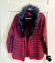 Rebellious One Size Large Open Front Cardigan with Faux Fur trim, Red and Black