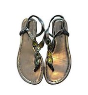 Montego Bay Club Women's 5.5 Silver and Green Jeweled Open Toed Sandals