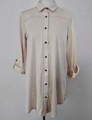Mystree Beige Ringspun Front Apricot Striped Back Button Down Tunic Size Small