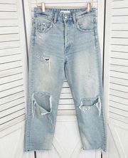 Zara Distressed Straight Leg Raw Hem Crop Jeans Blue Size 0 High Rise Button