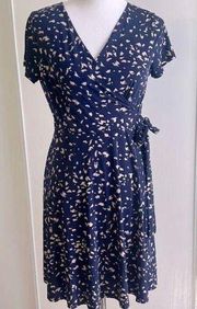 Kailegh (Stitch Fix) Small Navy Blue with Beige Print Wrap Dress NWT