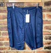 NWT Johnny Was Navy Blue Linen Flat Front Bermuda Shorts Women's Size Small