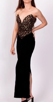 Vintage  Black Velvet Gold Sequin Deep V Neck Maxi Gown