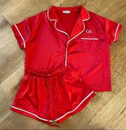 Beginning Boutique  Satin Pyjama Shorts Set in Red with White Piping