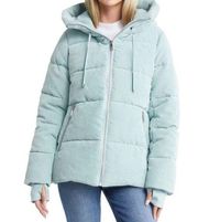 READ Sam Edelman Corduroy Puffer Coat Jacket Hooded Funnel Collar Small Blue