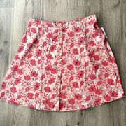 Halogen Midi Skirt Large Floral Tan Pink Botanical Button Summer Boho Casual NWT