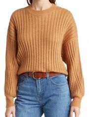 Sophie Rue Slouchy Ribbed Knit Crew Sweater with Balloon Sleeves in Tan - Medium