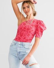 NWT Free People One-Shoulder Floral Print Bodysuit HOT PINK XL