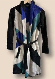 Vertigo Open Front Long Cardigan Colorblock Blue Black Multi Size S