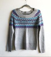 OP Sweater Fair Isle Rounded Neck Grey Blue Purple Snowflake Sweater M (7/9) EUC