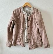 Chico's Jacket Tan Floral Lined Ruffle snap button