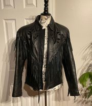 Vintage  Leather Jacket Fringe Braided Rose Zip Moto Riding Punk Rock Biker