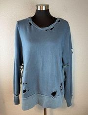 Pam & Gela Womens Side Tie Sweatshirt M Medium Blue Gray Distressed Made in USA