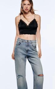 ZARA Black Combined Satin Lace Trim Cropped Bralette Top