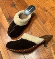 Miu Miu Suede and Shearling Wood Mules in Brown Kitten Heel 38