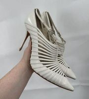 Manola Blahnik Women 41 Strappy Pointed Toe Flawed Designer White Heel