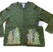 Breckinridge green cardigan sweater zipper front embroidered trees forest Sz XL