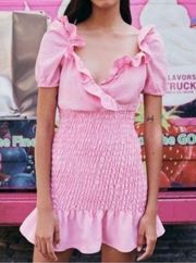 Linen Blend Smocked Mini Dress Pink Sz XS