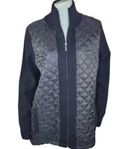 Denim & Co. Quilted Woven-Front Sweater Jacket Black Large Full Zip Mock Neck