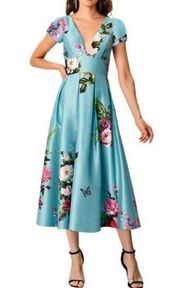 Eshakti blue Rose Bouquet Print Dupioni Banded Empire midi Dress 4x