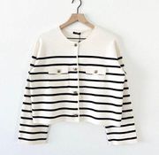 Massimo Dutti Striped Cardigan with Pockets Cream/Black Size XS NWT