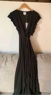 Misa Los Angeles Irina Wrap Maxi Dress Green NWT Braided Tie Ruffle Size Small