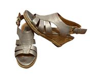 CLARKS ARTISAN Women's Leather Espadrille Wedge Sandals Size 6.5 Metallic Pewter