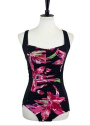 Women's Black Pink Floral Ruched One Piece Swimsuit Size 6