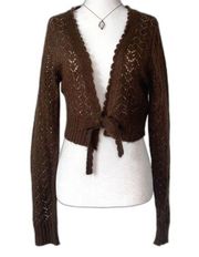 Vintage knit crochet knitted front tie brown fairy core cropped cardigan