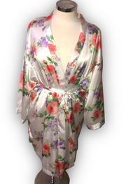 Ivory Pink Floral Satin Robe Tie Front L/XL