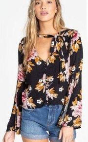 Floral tie front blouse black pink split flare sleeve V-neck top by Billabong