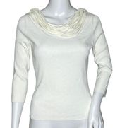 Cyrus 3/4 Sleeve Top White Strap Details at Neck Scoop Neck Ribbed