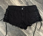 black lace up denim shorts