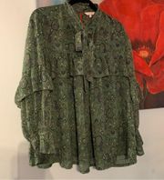 Lucky Brand Blouse in Green Boho Paisley Print - Size 3X - Excellent Condition