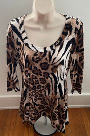 Animal Print Leopard Round Neck Asymmetric Hem Blouse, size S