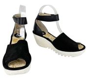 FLY London Perforated Leather Wedge Sandals Yake Black Nubuck White 37