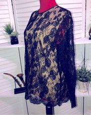 DONNA KARAN vintage nude black lace victorian style blouse Sz S