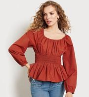 NWT Sam Edelman Long Balloon Sleeve Cilian Smocked Top Gingerbread Brick Red Med