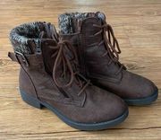 7 womens Faded Glory brown ankle boots, lace up, sweater cuffed, faux leather